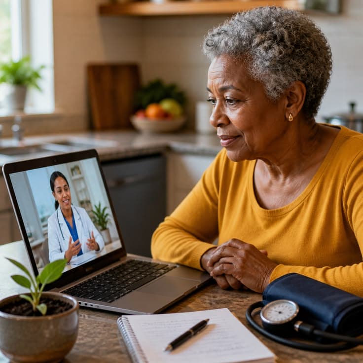 An older Black woman at her kitchen table on a calm video visit with a smiling clinician, notebook at hand